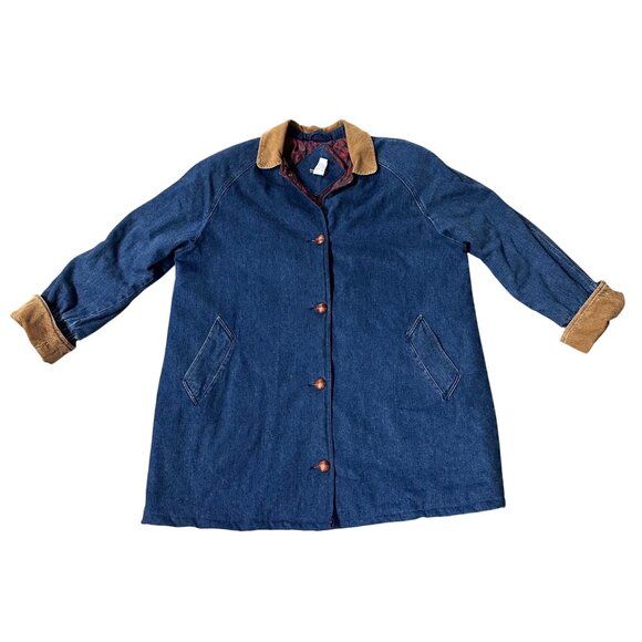 Vintage Denim Coat 1980s Hunters Run Hong Kong Corduroy Accents Plus Size - Picture 2 of 7